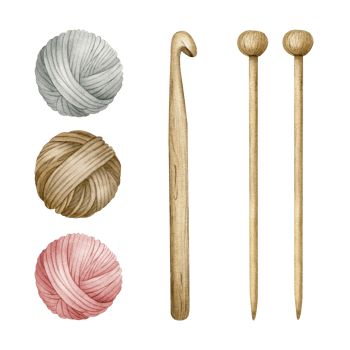 Set of yarn balls, balls of wool, skeins of yarn and wooden knitting needles, hook. Watercolor illustrations. Isolated. For product packaging design, knitter blog,needlework store png