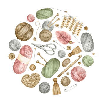 Yarn balls, wooden knitting needles, hook, balls of wool, skeins of yarn, cotton,scissors,buttons,pin,needles. Watercolor round composition.For product packaging design, knitter blog,needlework store png