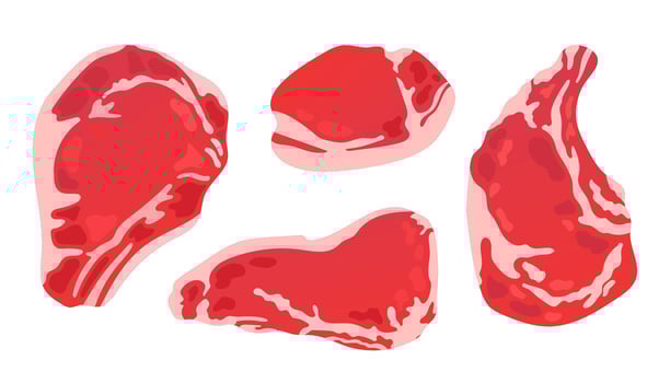 Meat set. Steak icons set in cartoon style. Meat set collection. Meal shop or beef portions vector illustration.
