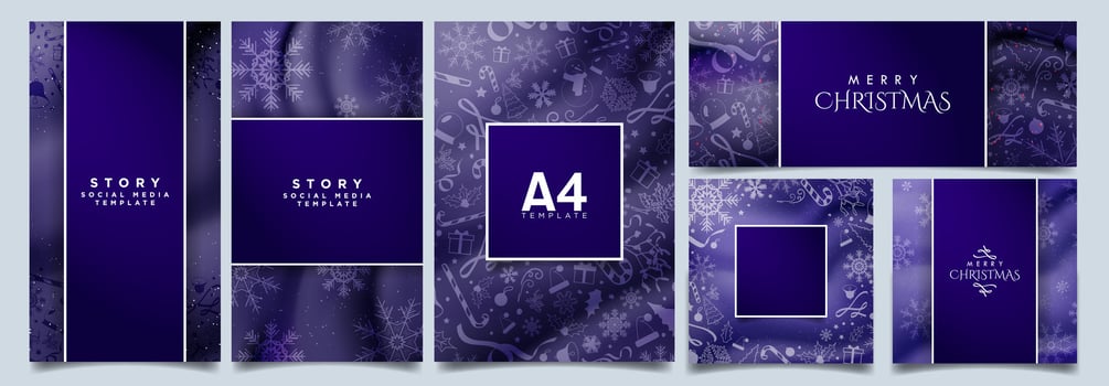 Blue And Purple Christmas Template Background Collection. A4 Poster, Social Media Story, Greeting Cards, and Banner cover layout designs. Blue and purple gradient. Vector Illustration. EPS 10