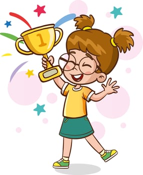 happy cute kid boy win game gold trophy vector