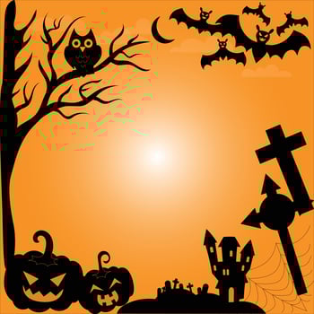 Happy Halloween party poster. Frame, night clouds, pumpkin in paper cut style. Vector illustration. Witch cauldron, spider web, flying ghost bat. Place for text. Brochure layout template background