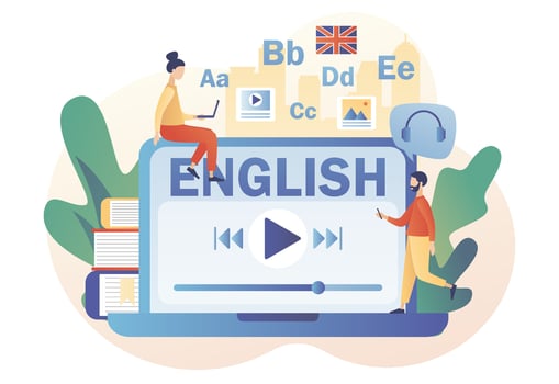 Tiny people learning English with laptop and books. Language courses or school online. Distance education. Modern flat cartoon style. Vector illustration on white background