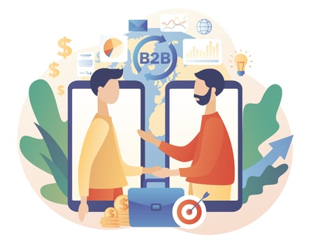 B2B. Business to business. Tiny businessmen enter into agreement online. Successful business collaboration. Marketing strategy, commerce. Modern flat cartoon style. Vector illustration