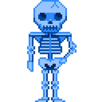 An 8-bit retro-styled pixel-art illustration of a blue skeleton. png