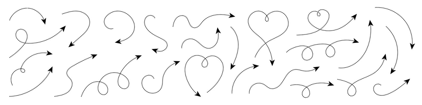 Thin curved dotted arrow. Zigzag arrow stripes design with dotted lines. Thin arrows. Vector illustration.