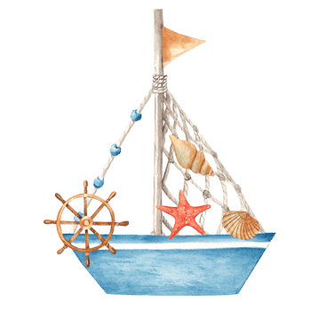 Cute watercolor ship, boat with wooden steering wheel, decorated with sea shells and red starfish. Hand painted summer sea nautical illustration. png