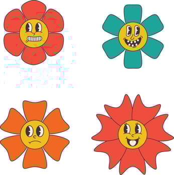 Groovy Flower Retro. Funny happy daisy with eyes and smile. Sticker pack in trendy retro trippy style. Isolated vector illustration.