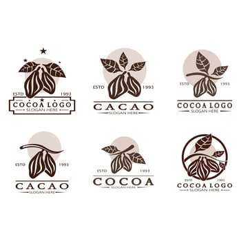 cocoa logo,cocoa bean,cocoa tree,cocoa branches and leaves,chocolate mix on white background,vintage,modern,simple,minimalist icon illustration template design vector