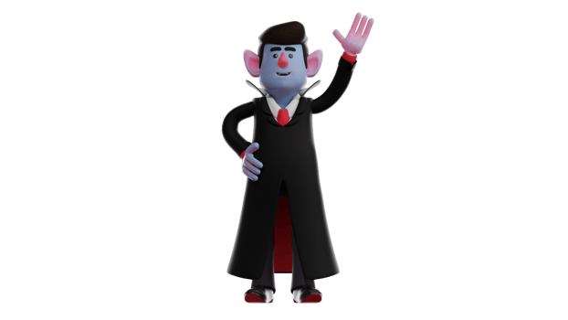 3D Illustration. Friendly Dracula 3D cartoon character. Dracula waved his hand to someone he met on the road. Dracula is famous for having a good heart and smiling. 3D cartoon character png