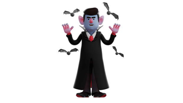 3D Illustration. Scary Dracula 3D cartoon character. Dracula is surrounded by flying bats. Dracula raised his hands to frighten. 3D cartoon character png