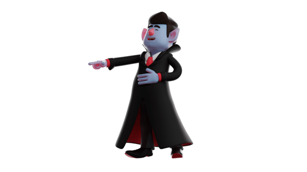 3D Illustration. Happy Dracula 3D cartoon character. Drakula was captured in laughing until he was holding his stomach. Dracula pointed to something who make him laugh. 3D cartoon character png