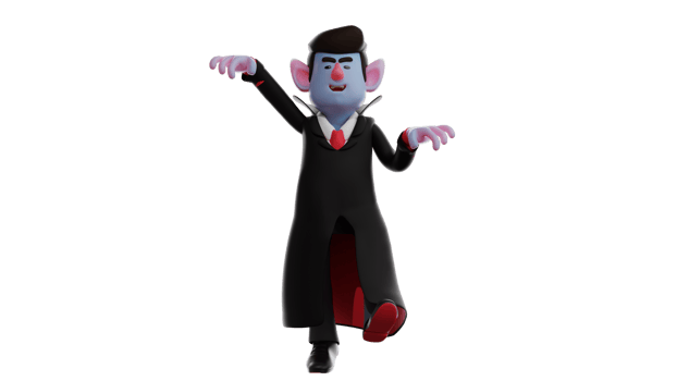 3D Illustration. Dracula 3D cartoon character. Dracula is chasing someone in front of him. Dracula looks very scary. Dracula in his scary clothes. 3D cartoon character png