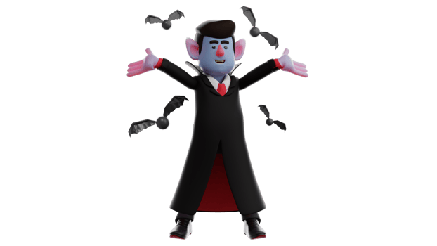 3D Illustration. Handsome Vampire 3D Cartoon Character. The vampire looks happy by stretching his hands. Vampire stands and surrounded by many bats that have. 3D cartoon character png