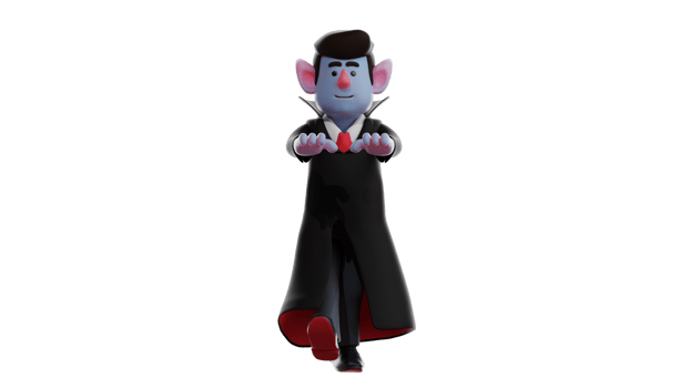 3D Illustration. Vampire 3D cartoon character. Vampires with a pose stepped and stuck out his hands in front. The scary Dracula walked in the dark. 3D cartoon character png