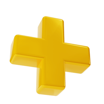 Realistic 3d yellow golden plus, add sign icon. Decorative arithmetic element, education maths, mathematical or medical symbol. Abstract illustration isolated transparent png