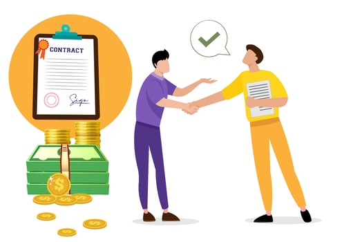 Electronic contract, sales contract terms, standard for quality control, payment terms and conditions, certification abstract metaphor. Business agreement abstract concept vector illustration