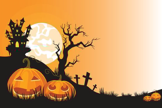 Halloween concept, Happy Jack O Lantern with wings flying among pumpkins on orange color background, minimal style, 3d render vector