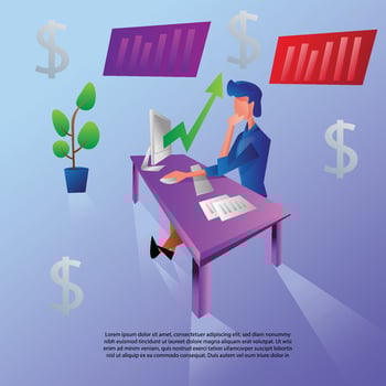 vector investor with laptop monitoring growth of dividends. trader sitting on stack of money, investing capital,