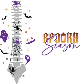Spooky season. Spine with spider surrounded by stars, bats, and ghosts, Halloween funny vibe. Vector illustration