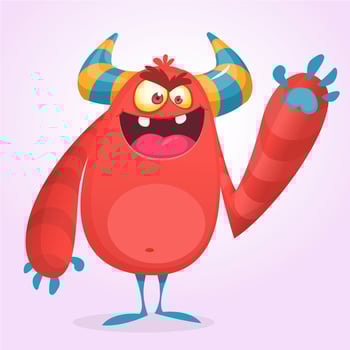 Happy cool cartoon fat monster. Red and horned vector monster character