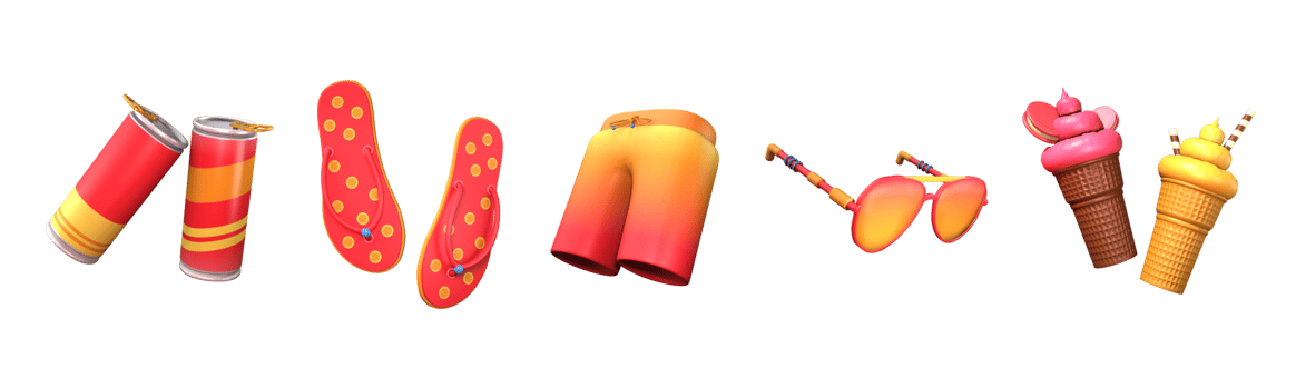 3D icon summer collection rendered isolated on the transparent background. canned drink, slipper, beach pants, sunglasses, and ice cream object for your design. png