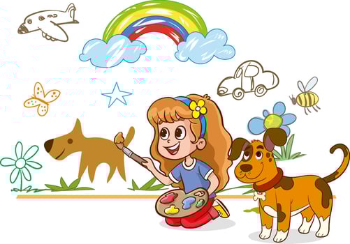 Kindergarten. Boys and girls drawing picture doodles on the walls. Children draw with felt tip, paints and crayons. vector