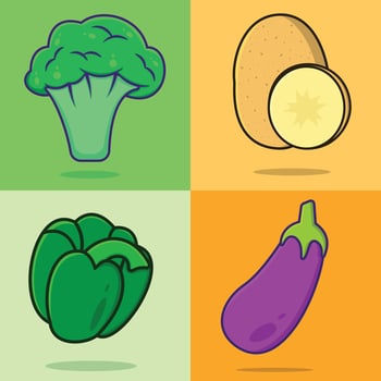Fresh Garden Vegetables set vector illustration. Food nature icon concept. Collection of vegetables Broccoli, Eggplant, Bell pepper, Potato icon design.