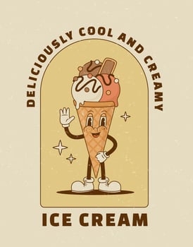 Retro cartoon Ice cream cone character in groove style. Vector illustration. Vintage sweet food mascot poster. Nostalgia 70s, 80s