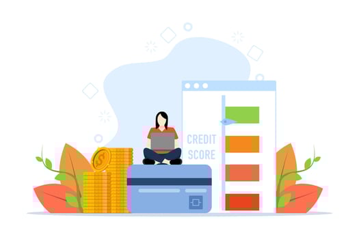 Woman sitting with laptop and checking credit score. Concept of bank, issuing money, credit report, mortgage, payment history, cash. Vector illustration in flat design on white background.