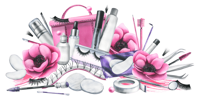 Pink cosmetic bag with beauty master's tools for eyelash extension and lamination, with brushes, silicone rollers. Watercolor illustration, hand drawn. Isolated composition png