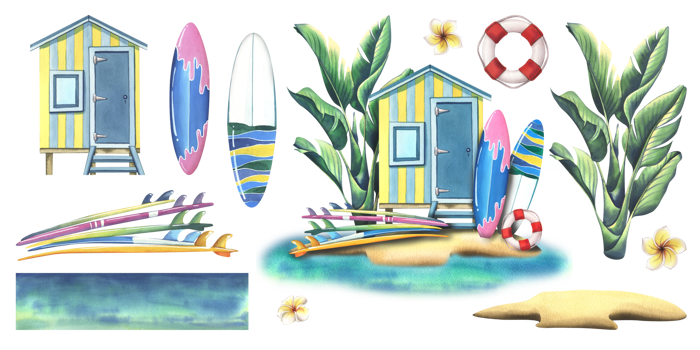 A beach cabin with surfboards, a lifebuoy and a palm tree on a sandy island with an azure sea, ocean. Watercolor illustration hand drawn. Set of isolated elements png