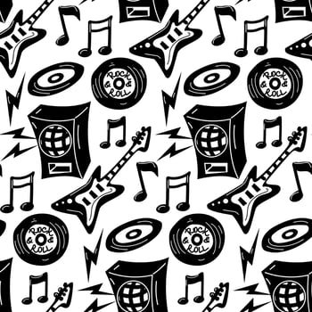 A pattern with elements of Punk rock music, seamless on a white background. Black design elements, guitar, speaker, record, zippers, sheet music. Packaging for music festivals vector
