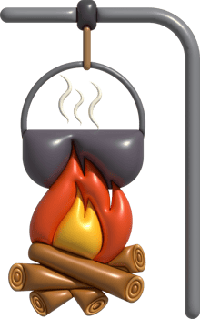 3D illustration. Camping stove cooking pot. On a wood-fired fire. png