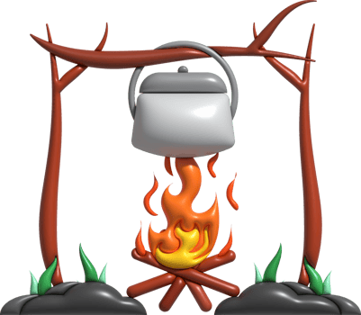3D illustration. Camping stove cooking pot. On a wood-fired fire. png