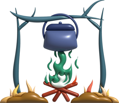 3D illustration. Camping stove cooking pot. On a wood-fired fire. png