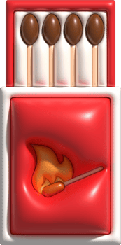 3d illustration burning match with fire, opened matchbox, burnt matchstick png