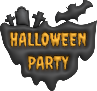 3D illustration. Island icon with Halloween party text. and on top are tombs, tombs and bats. png
