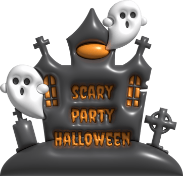 3d illustration halloween castle with scary party halloween text and cute little ghost grave cemetery png