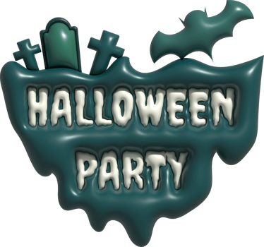 3D illustration. Island icon with Halloween party text. and on top are tombs, tombs and bats. png