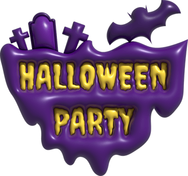3D illustration. Island icon with Halloween party text. and on top are tombs, tombs and bats. png