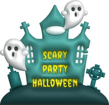 3d illustration halloween castle with scary party halloween text and cute little ghost grave cemetery png