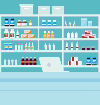 Drugstore interior with showcases design vector illustration