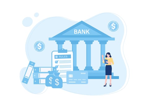 Bank worker with credit card and coins in front of bank building concept flat illustration vector