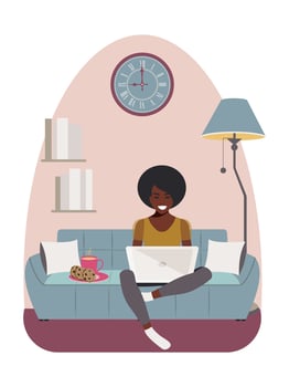 An African American woman sits on a comfortable blue sofa and works with a laptop at home during quarantine due to the coronavirus. Modern concept of distance learning online. Vector. vector
