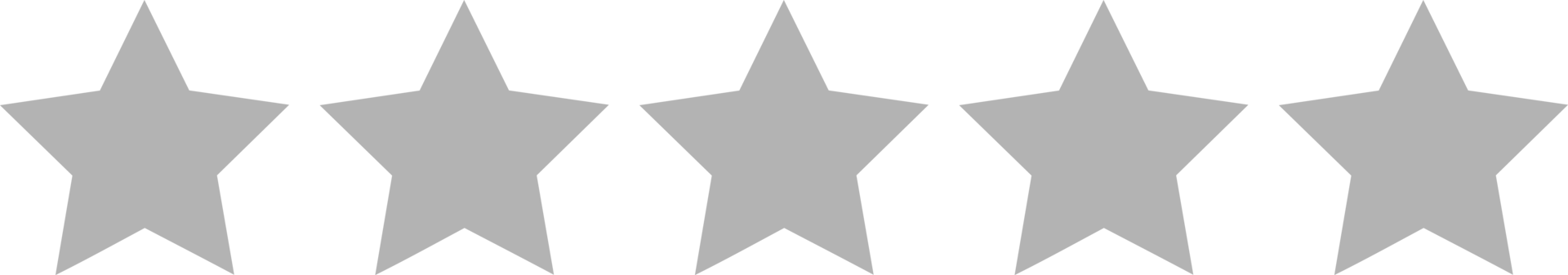 Row of five solid grey-silver stars. Isolated on transparent background. png