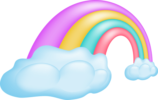 Colorful rainbow arching over fluffy blue clouds. Isolated on transparent background. png