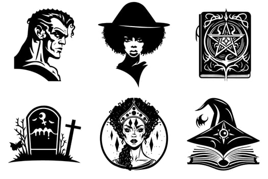Scary monster, witch, spell books, tombstone, voodoo priestess - Halloween graphics set, black and white, isolated. vector
