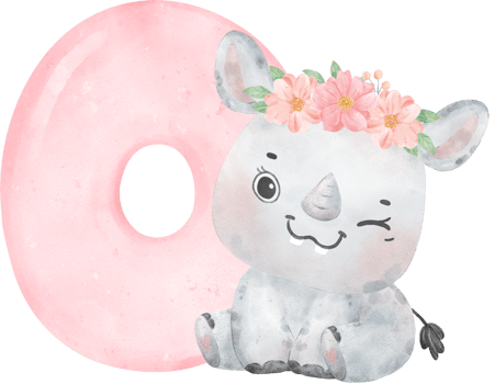 Watercolor Illustration of a Cute and Cheerful Baby Rhinoceros Wearing a Flower Crown with a Pink Number zero,0. png