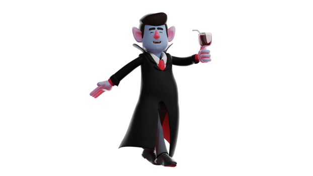 3D Illustration. Dracula 3D cartoon character. Dracula with a pose stepped and brought a glass of wine. A handsome vampire walked while showing his happy smile. 3D cartoon character png